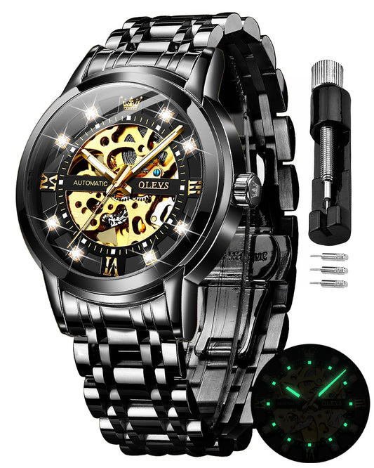 OLEVS Luxury Stainless Steel Mechanical Skeleton Wrist Watch