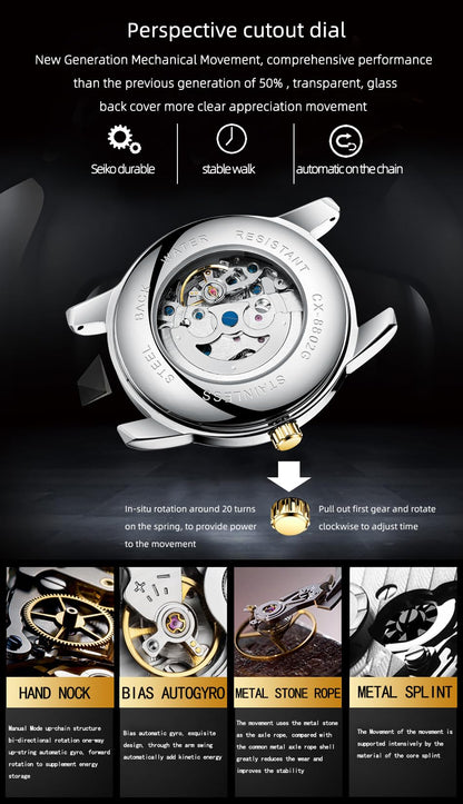 Chenxi Automatic Skeleton Self Winding Mechanical Stainess Steel Waterproof Wrist Watch